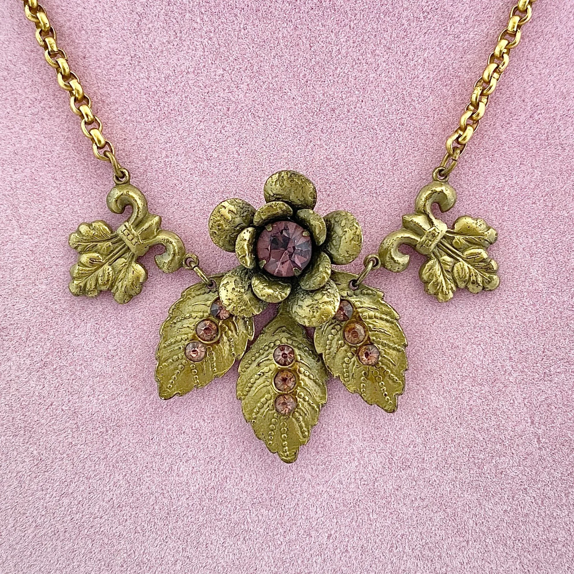 Vintage Czech Gilt Flower Necklace with Amethyst Crystals