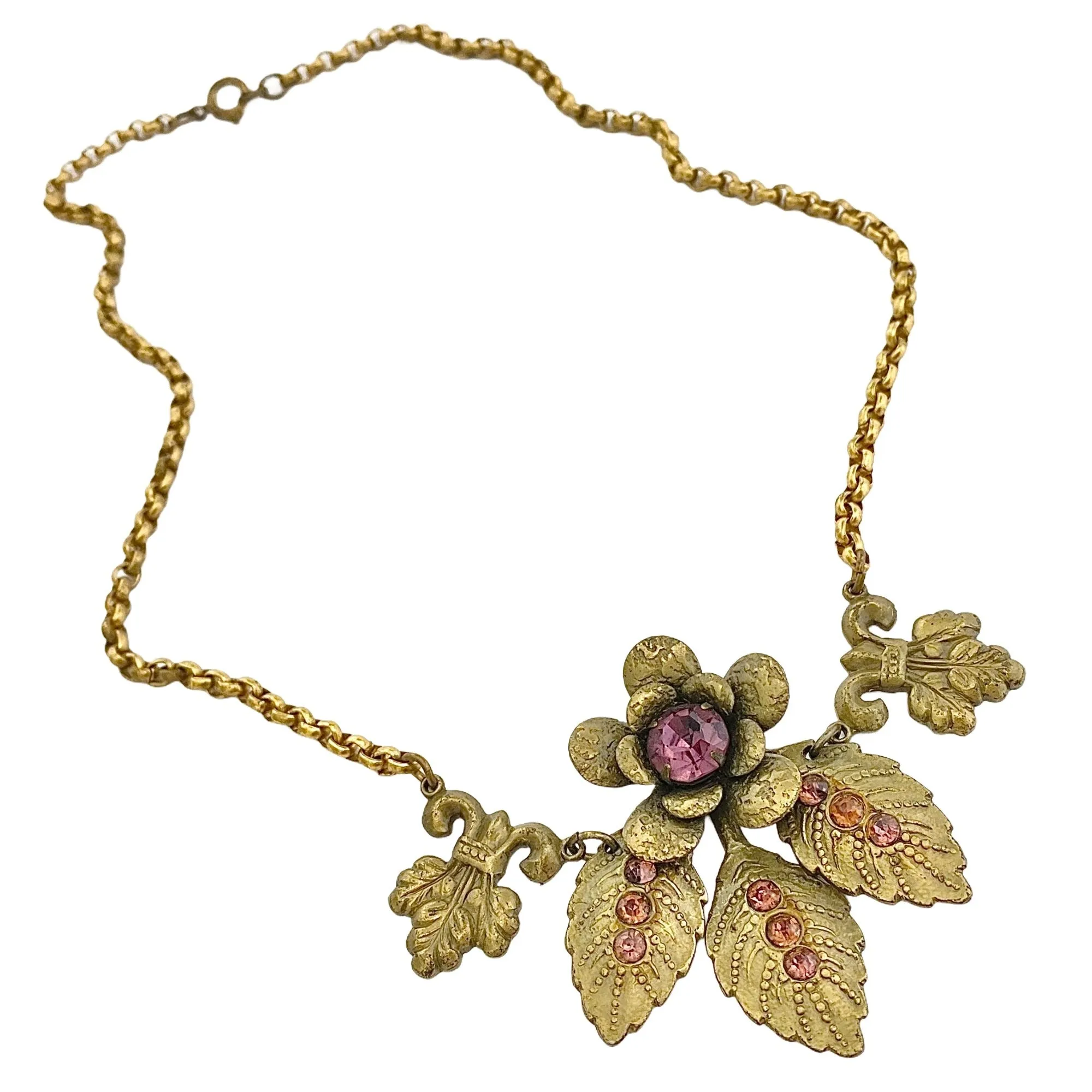 Vintage Czech Gilt Flower Necklace with Amethyst Crystals