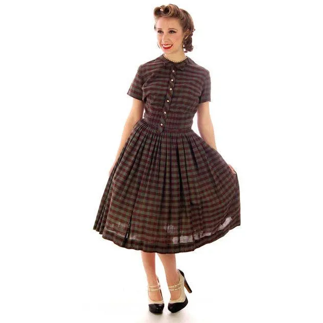 Vintage Day Dress Bobbie Brooks Brown/Green Plaid 1950s 34-24-Free