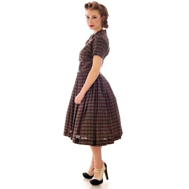 Vintage Day Dress Bobbie Brooks Brown/Green Plaid 1950s 34-24-Free