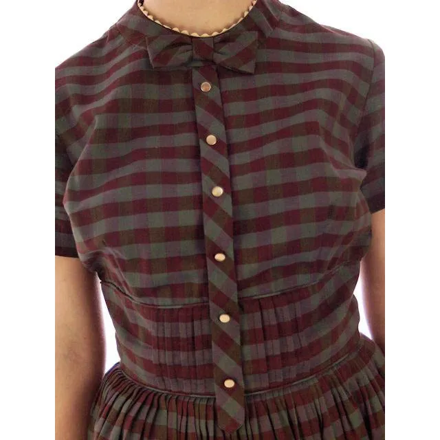 Vintage Day Dress Bobbie Brooks Brown/Green Plaid 1950s 34-24-Free