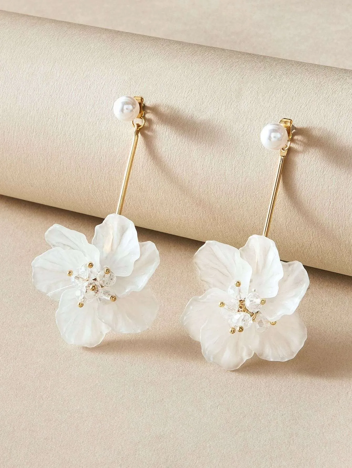 White Flower Bridal Ear Jacket Studs, Floral Wedding Earrings, Gold 2-in-1 Dangle Ear Jacket Earrings, Pink or White