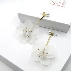 White Flower Bridal Ear Jacket Studs, Floral Wedding Earrings, Gold 2-in-1 Dangle Ear Jacket Earrings, Pink or White
