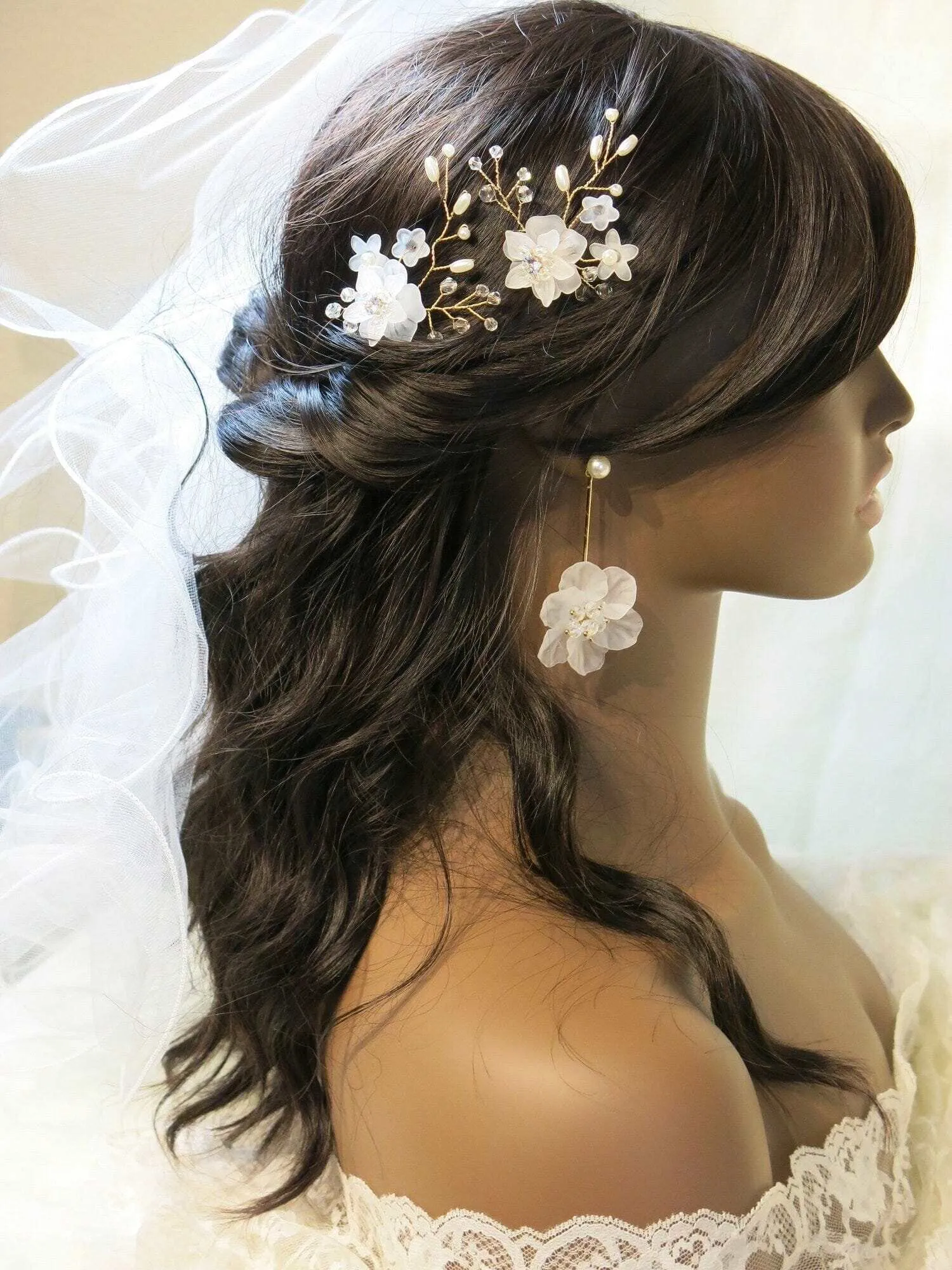 White Flower Bridal Ear Jacket Studs, Floral Wedding Earrings, Gold 2-in-1 Dangle Ear Jacket Earrings, Pink or White
