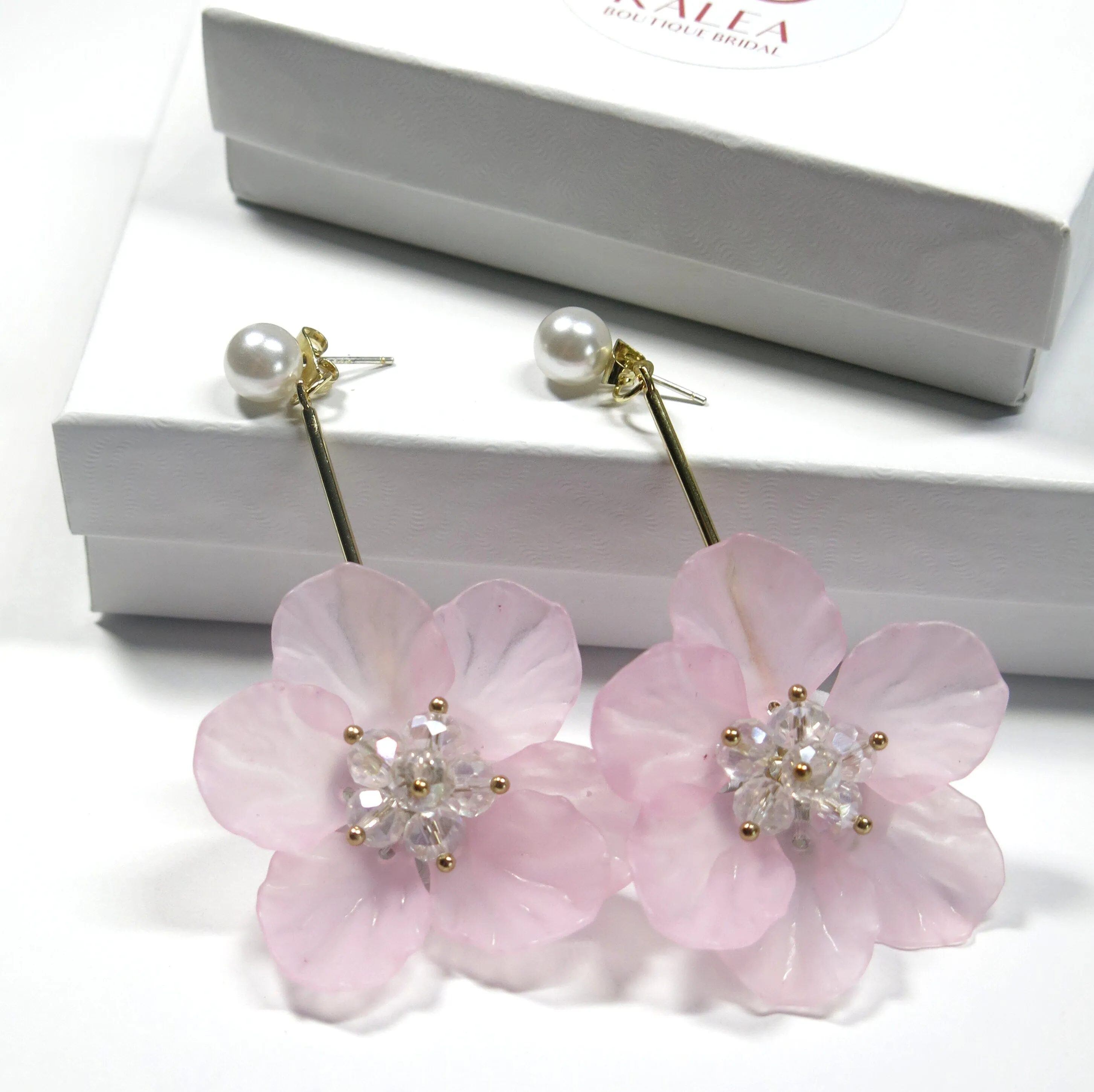 White Flower Bridal Ear Jacket Studs, Floral Wedding Earrings, Gold 2-in-1 Dangle Ear Jacket Earrings, Pink or White