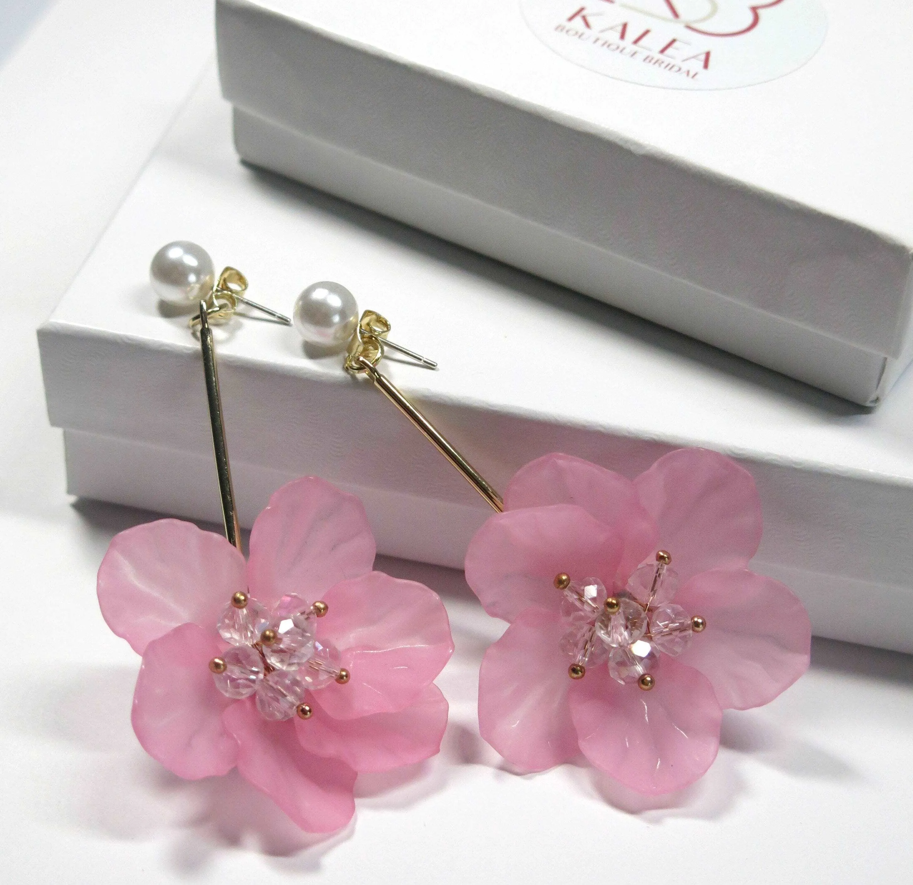 White Flower Bridal Ear Jacket Studs, Floral Wedding Earrings, Gold 2-in-1 Dangle Ear Jacket Earrings, Pink or White