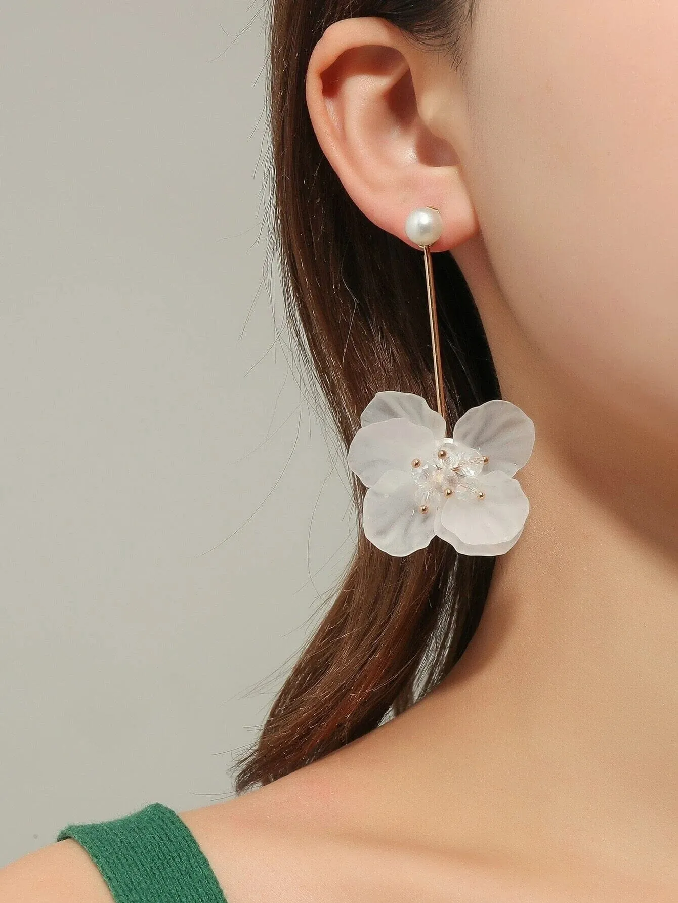 White Flower Bridal Ear Jacket Studs, Floral Wedding Earrings, Gold 2-in-1 Dangle Ear Jacket Earrings, Pink or White