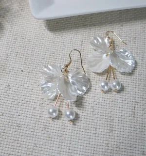White Flower Petal Earrings, Wedding Pearl Dangle Tassel Earrings, Bridal or Bridesmaid Floral Pearl Earrings