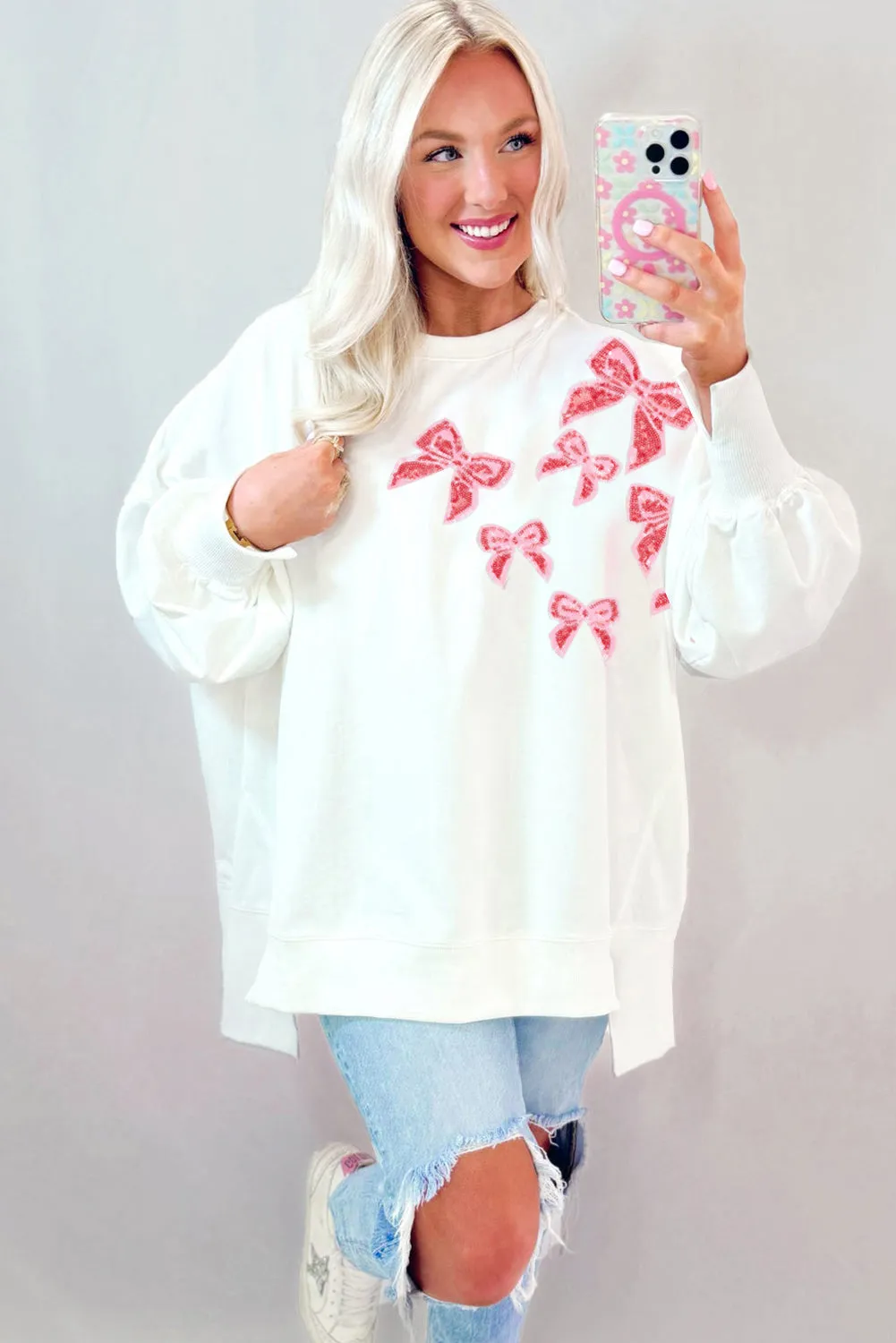 White Sequin Bowknot High Low Oversize Sweatshirt