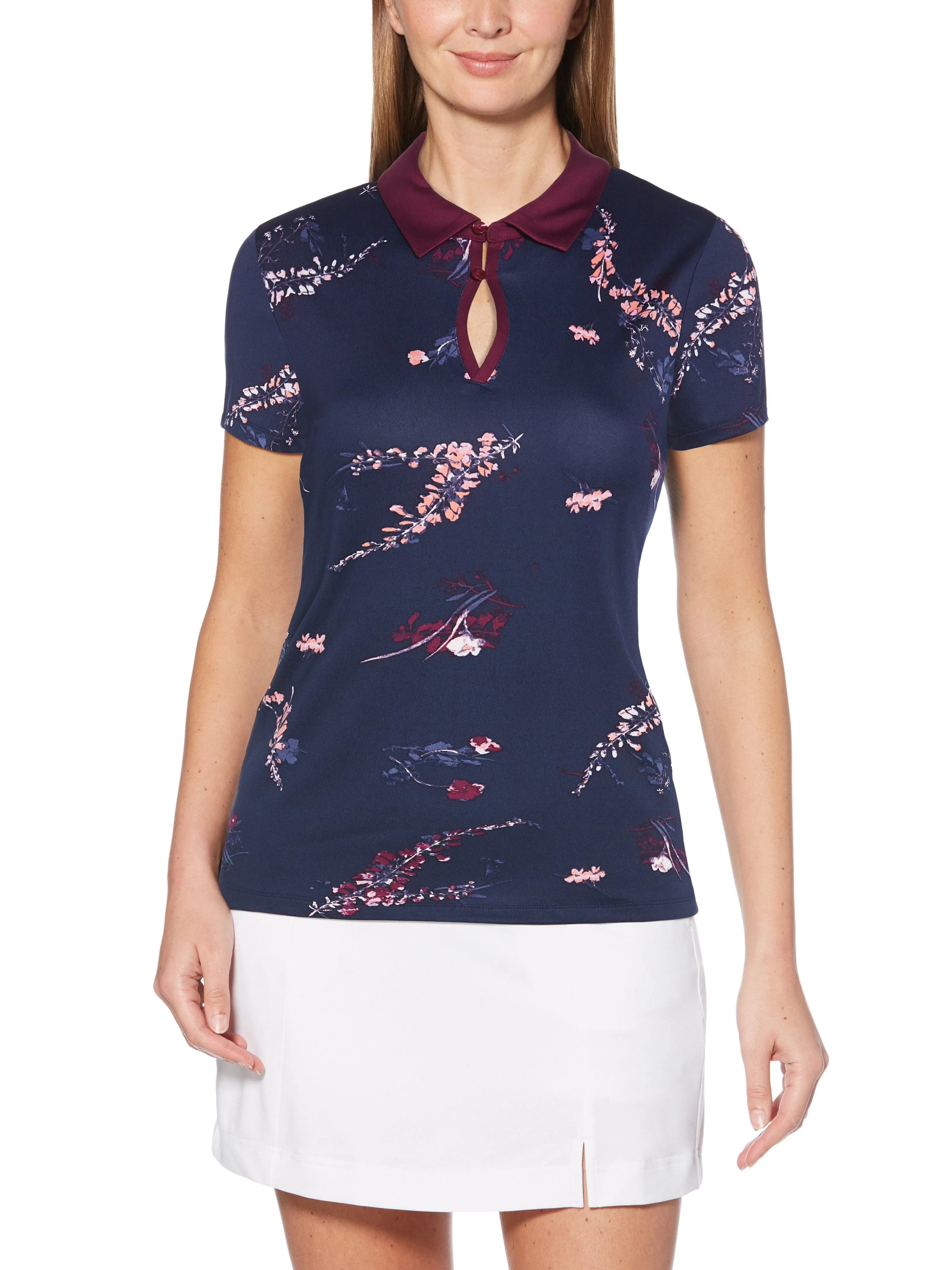 Womens Floral Printed Keyhole Polo
