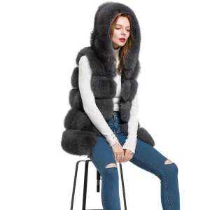 Women's Hooded Real Fox Fur Vest Winter Gilet Girls Dark Grey Waistcoat