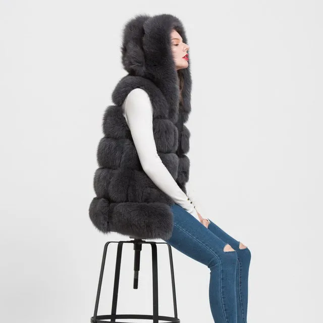 Women's Hooded Real Fox Fur Vest Winter Gilet Girls Dark Grey Waistcoat