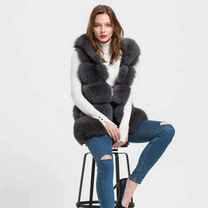Women's Hooded Real Fox Fur Vest Winter Gilet Girls Dark Grey Waistcoat