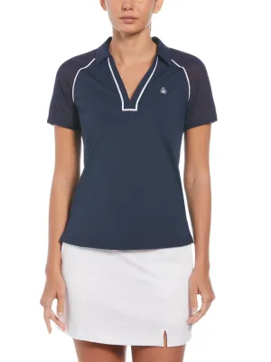 Women's V-Neck Mesh Block Short Sleeve Golf Polo Shirt with Contrast Piping